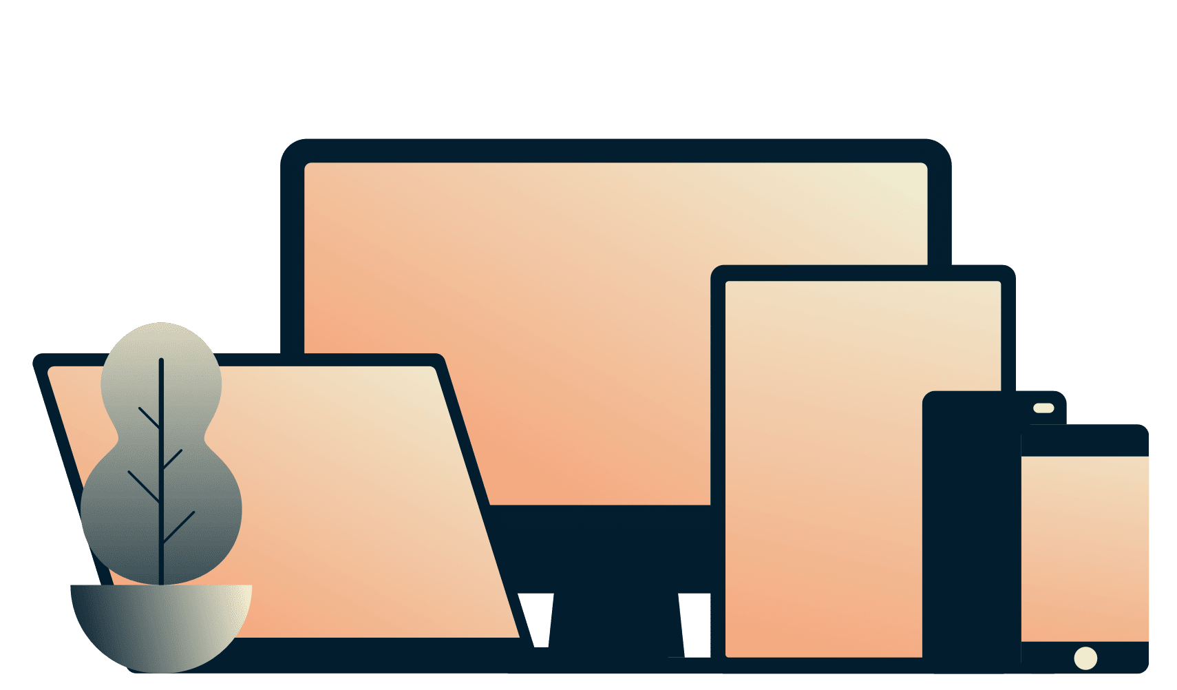 Des t&eacute;l&eacute;phones portables, une tablette, un ordinateur portable et un ordinateur de bureau, tous ex&eacute;cutant ExpressVPN simultan&eacute;ment.