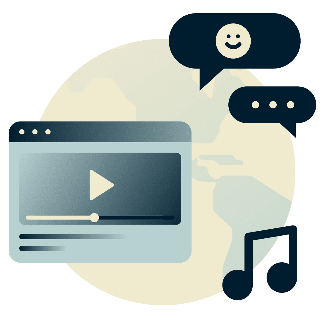 Globe avec un lecteur vid&eacute;o, de la musique et un service de messagerie.